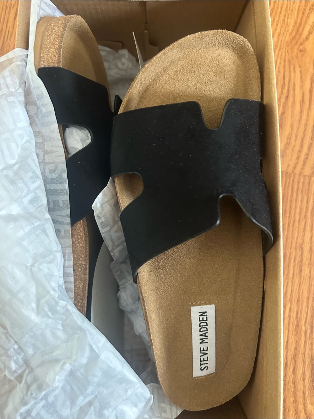 Steve Madden Black Suede Slide Sandals with Cork-Style Footbed